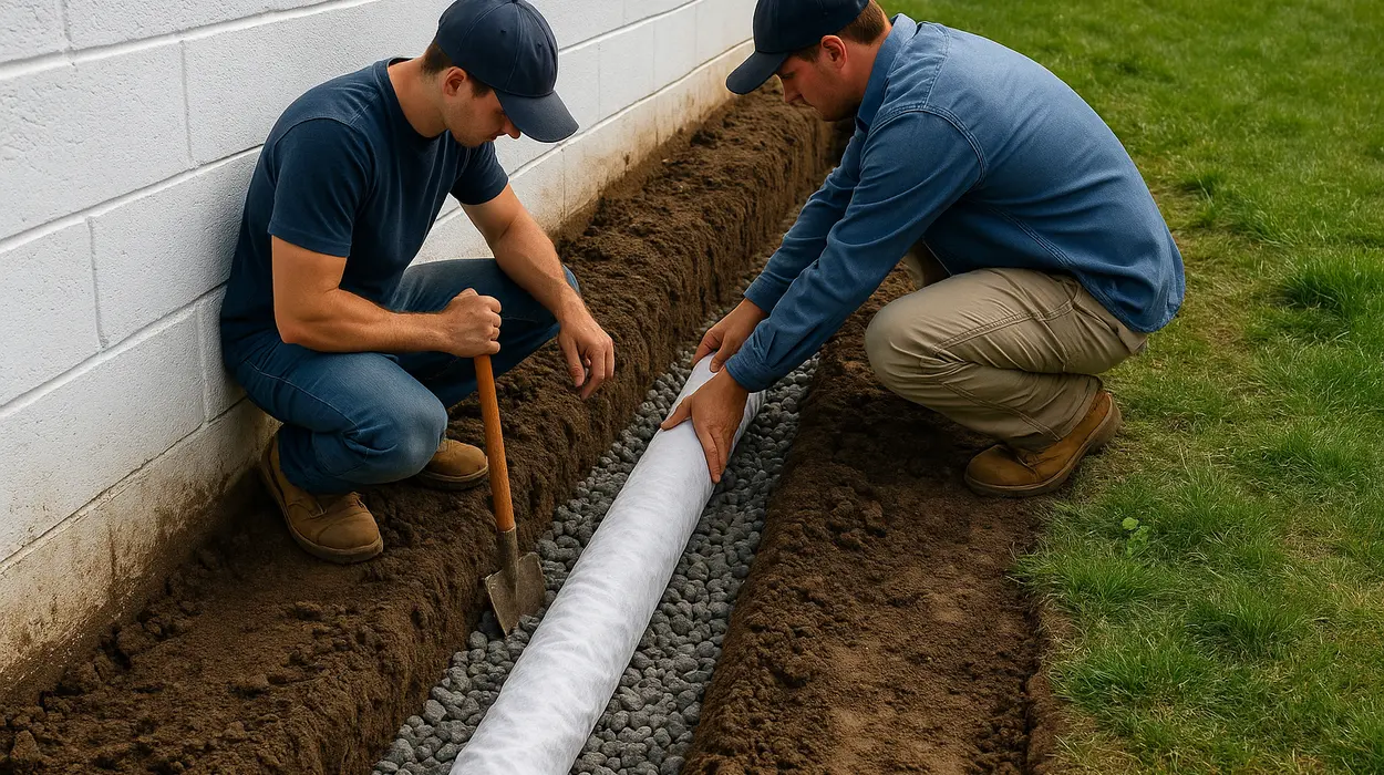 2 workers laying a pipe on a french drain ditch from EZ French Drain Installation in Arlington, TX - Arlington TX