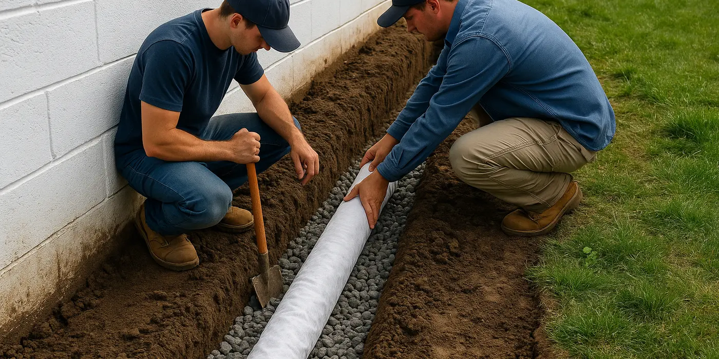 2 workers laying a pipe on a french drain ditch from EZ French Drain Installation in Arlington, TX - Arlington TX