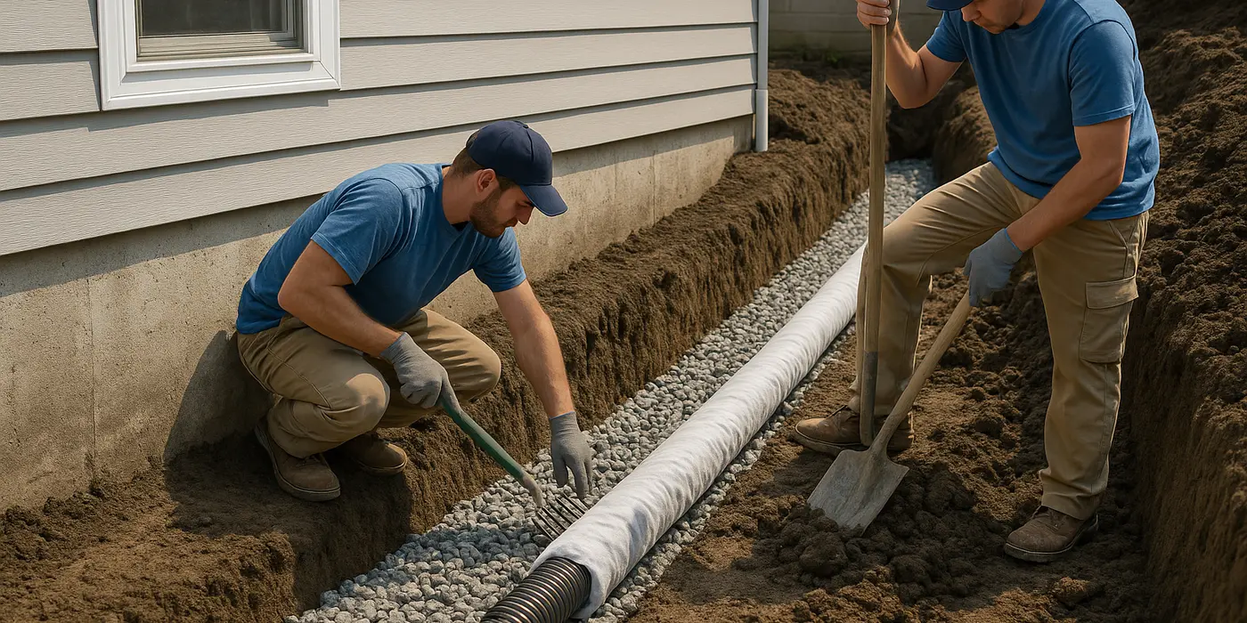 2 contractos working on a french drain project from EZ French Drain Installation in Fort Worth, TX - Commercial French Drain Services