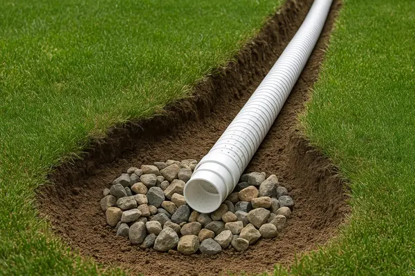 a large pipe in a ditch from EZ French Drain Installation in Fort Worth, TX - Commercial French Drain Services
