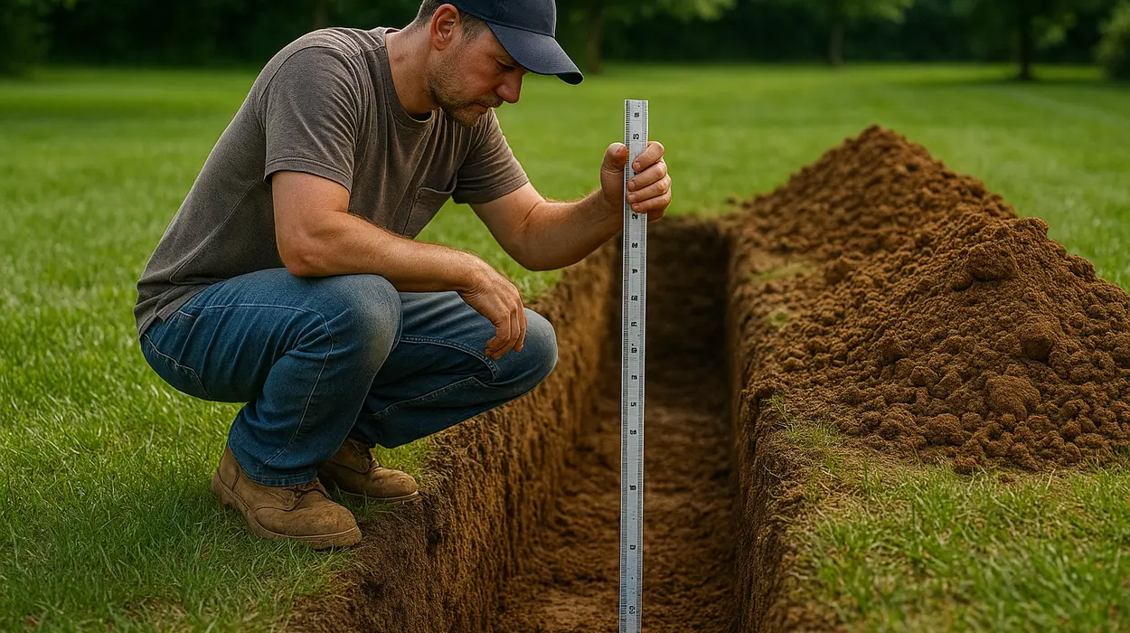a french drain contractor measuring the depht of a ditch from EZ French Drain Installation in Dallas, TX - Dallas TX
