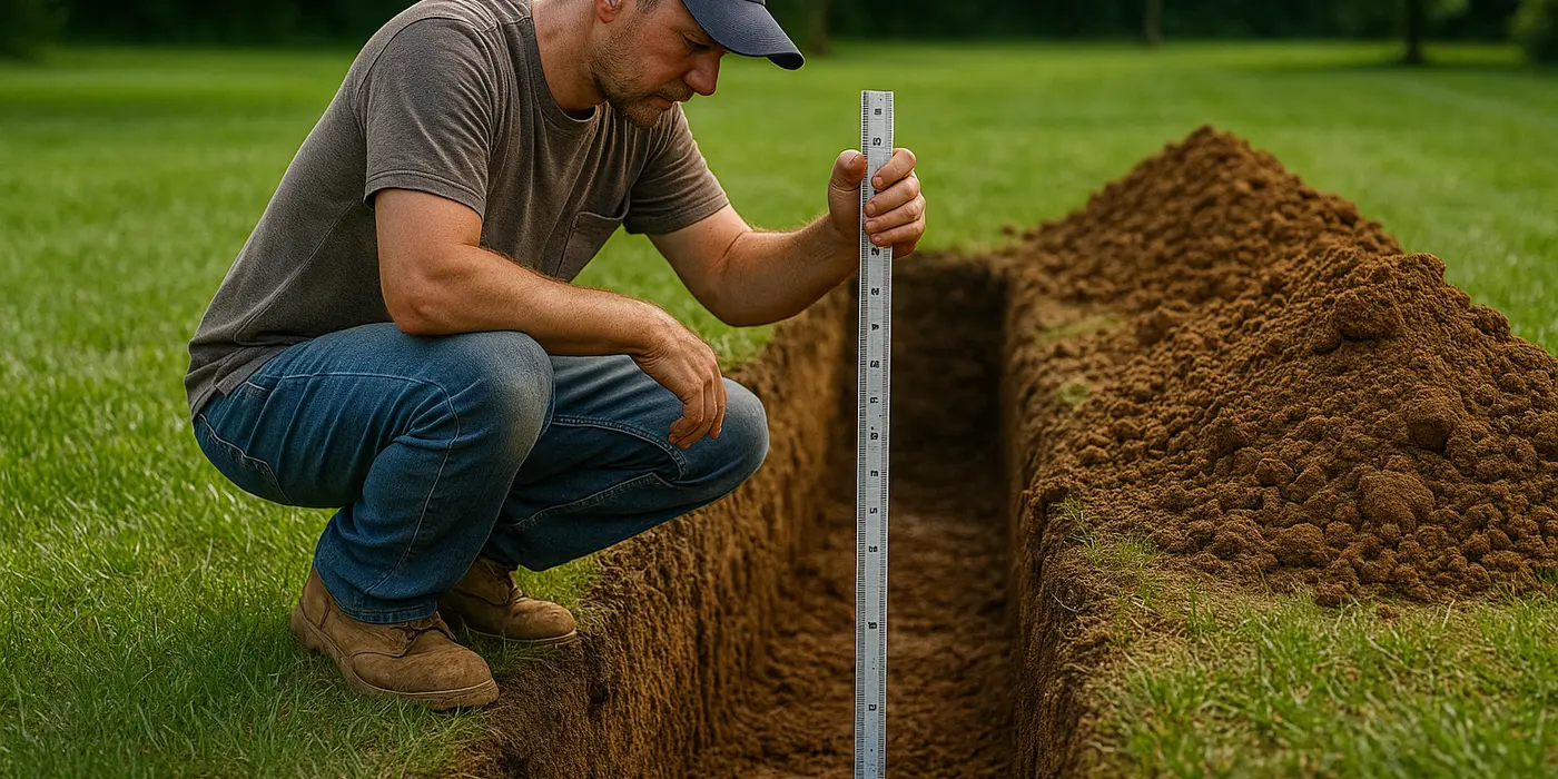 a french drain contractor measuring the depht of a ditch from EZ French Drain Installation in Dallas, TX - Dallas TX
