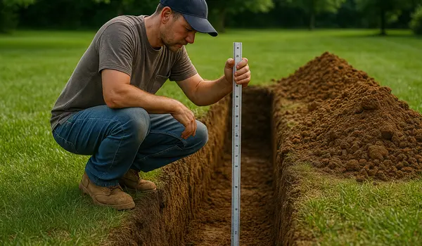 a french drain contractor measuring the depht of a ditch from EZ French Drain Installation in Dallas, TX - Dallas TX