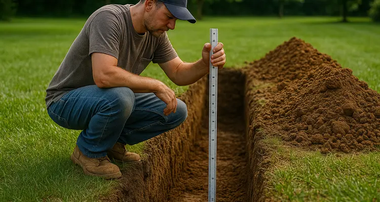 a french drain contractor measuring the depht of a ditch from EZ French Drain Installation in Dallas, TX - Dallas TX