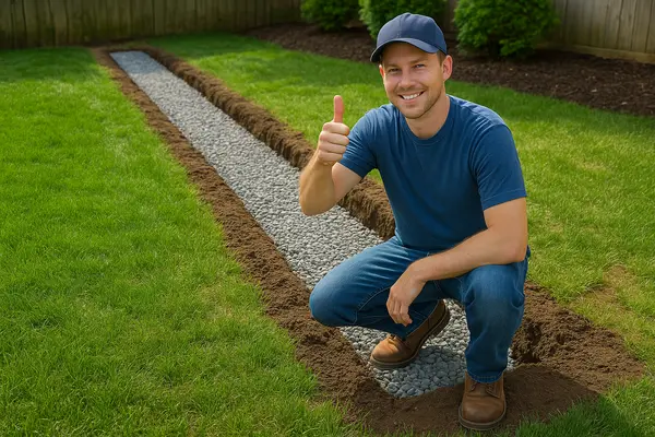 a french drain contractor squating giving a thumbs up from EZ French Drain Installation in Dallas, TX - Dallas TX
