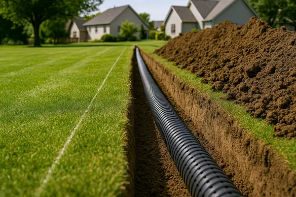 a large pipe laying on a ditch from EZ French Drain Installation in Fort Worth, TX - Driveway Landscaping