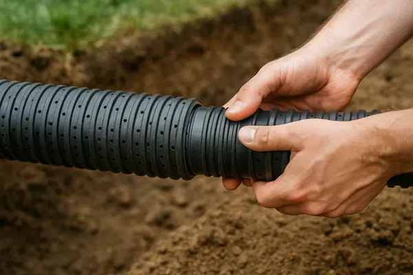 the hands of a worker holding a perforated pipe from EZ French Drain Installation in Fort Worth, TX - Driveway Landscaping