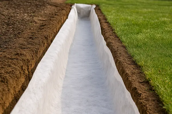a ditch with a layer sheet ready for a pipe line to be placed on it from EZ French Drain Installation in Fort Worth, TX - Driveway Landscaping