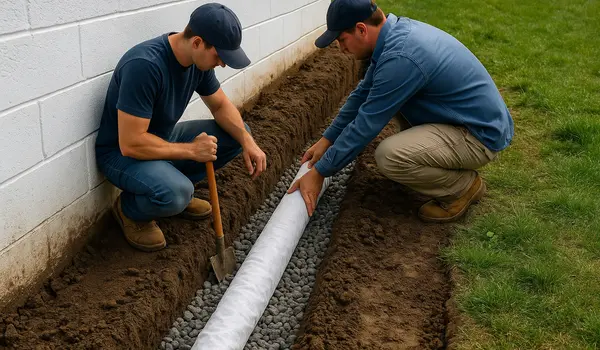 2 workers laying a pipe on a french drain ditch from EZ French Drain Installation in Fort Worth, TX - French Drain Replacement