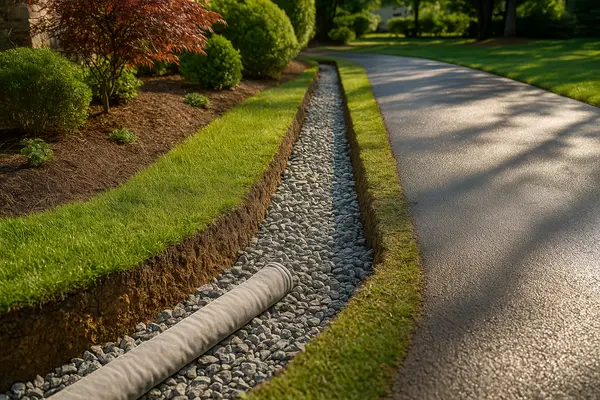 a ditch filled with gravel and a pipe laying in it from EZ French Drain Installation in Irving, TX - Irving TX a ditch filled with gravel and a pipe laying in it from EZ French Drain Installation in Irving, TX - Irving TX