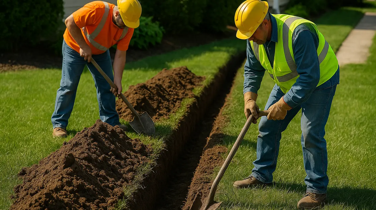 2 workers digging a ditch from EZ French Drain Installation in Fort Worth, TX - Landscaping Design