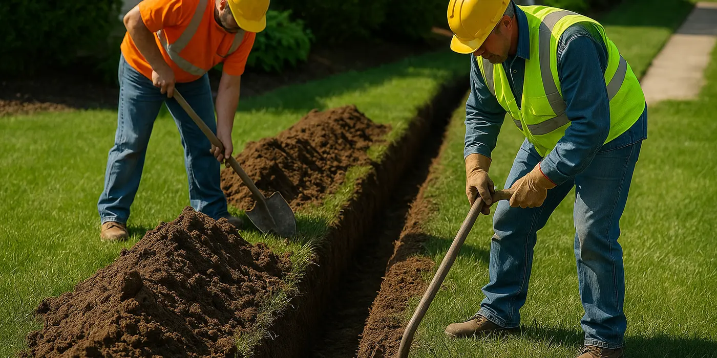 2 workers digging a ditch from EZ French Drain Installation in Fort Worth, TX - Landscaping Design 2 workers digging a ditch from EZ French Drain Installation in Fort Worth, TX - Landscaping Design