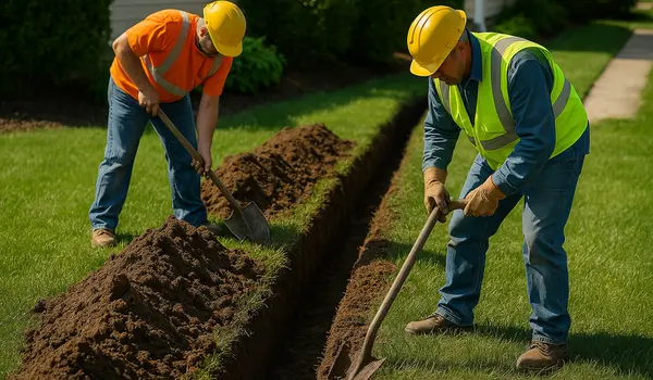 2 workers digging a ditch from EZ French Drain Installation in Fort Worth, TX - Landscaping Design