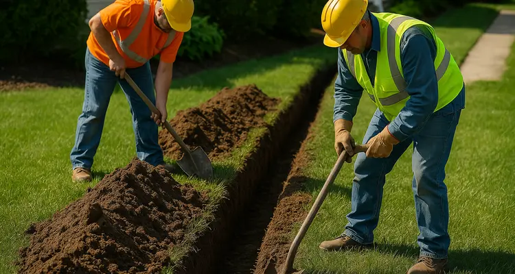 2 workers digging a ditch from EZ French Drain Installation in Fort Worth, TX - Landscaping Design