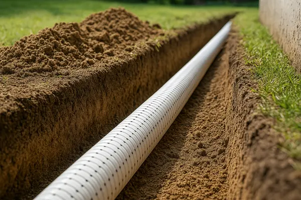 a perforated pipe laid on a ditch from EZ French Drain Installation in Fort Worth, TX - Landscaping Design a perforated pipe laid on a ditch from EZ French Drain Installation in Fort Worth, TX - Landscaping Design