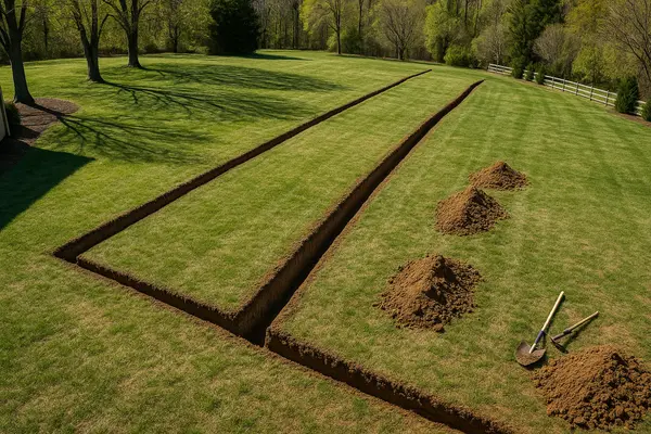 a ditch in a backyard for a french drain project from EZ French Drain Installation in Fort Worth, TX - Landscaping Design a ditch in a backyard for a french drain project from EZ French Drain Installation in Fort Worth, TX - Landscaping Design