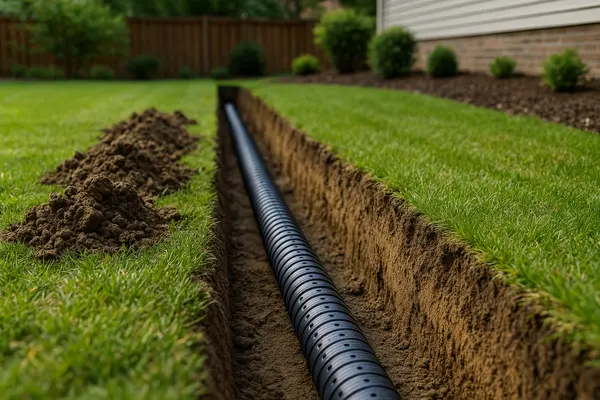 a pipe laying in a ditch from EZ French Drain Installation in Fort Worth, TX - Landscaping Design a pipe laying in a ditch from EZ French Drain Installation in Fort Worth, TX - Landscaping Design