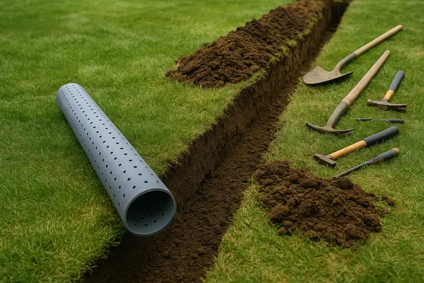 a ditch with a pipe and some tools laying around from EZ French Drain Installation in Fort Worth, TX - Landscaping Design a ditch with a pipe and some tools laying around from EZ French Drain Installation in Fort Worth, TX - Landscaping Design