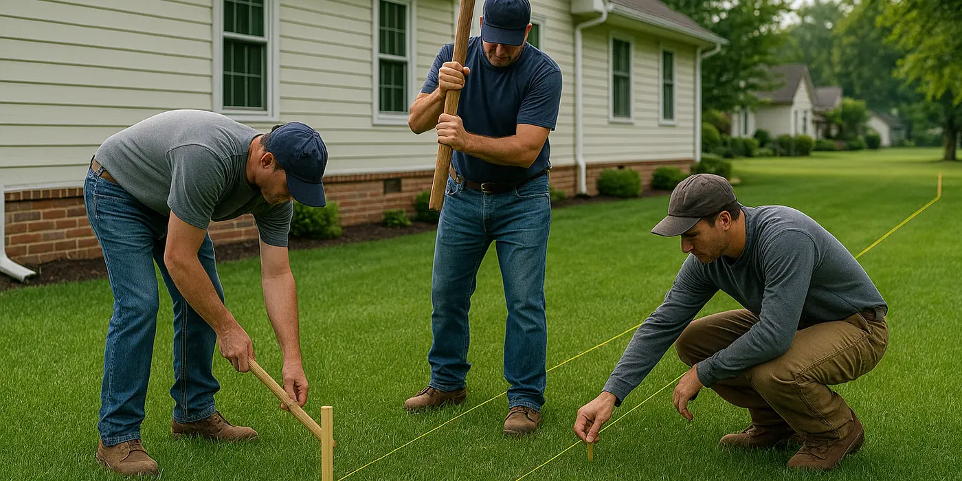3 workers marking where to dig a french drain ditch from EZ French Drain Installation in North Richland Hills, TX - North Richland Hills TX