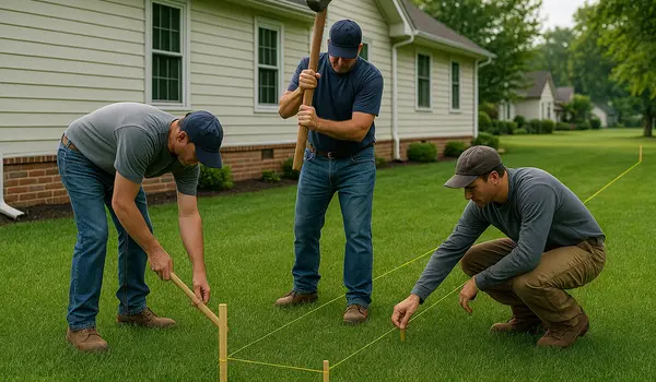3 workers marking where to dig a french drain ditch from EZ French Drain Installation in North Richland Hills, TX - North Richland Hills TX