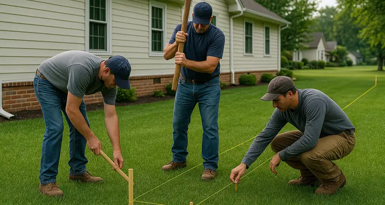 3 workers marking where to dig a french drain ditch from EZ French Drain Installation in North Richland Hills, TX - North Richland Hills TX