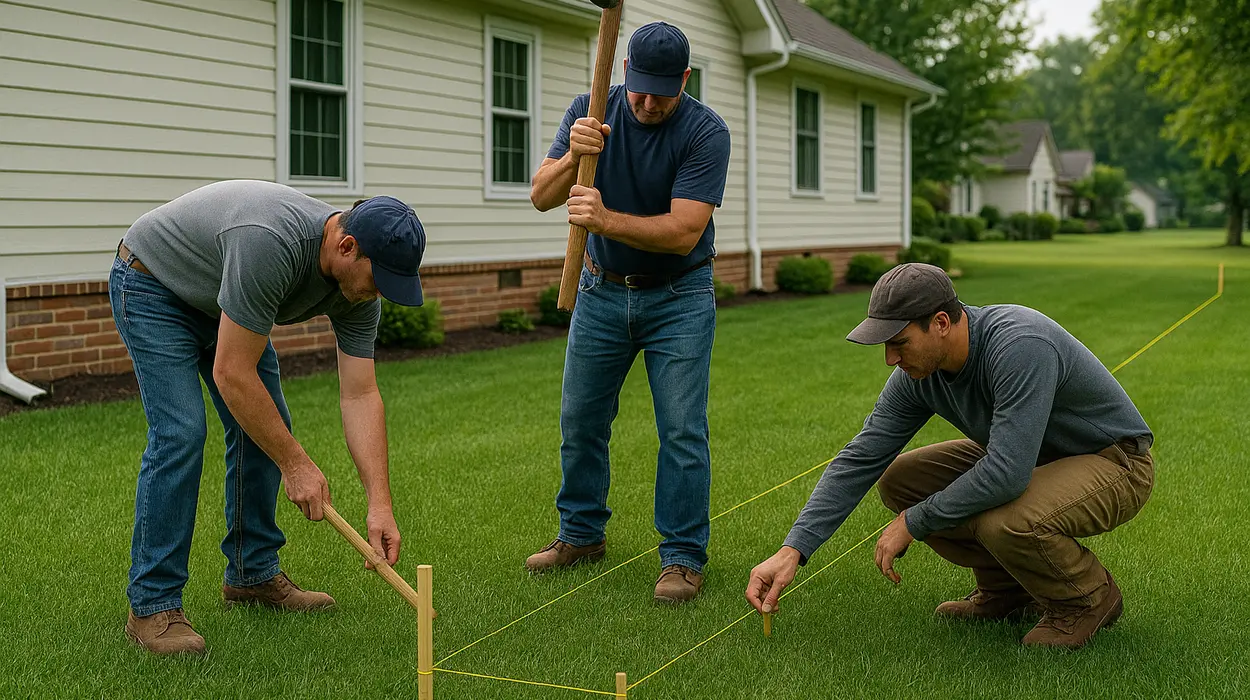 3 workers marking where to dig a french drain ditch from EZ French Drain Installation in Fort Worth, TX - Outdoor Draignage Solutions