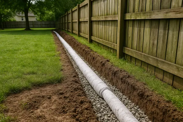 a pipe line laid on a large ditch from EZ French Drain Installation in Fort Worth, TX - Outdoor Draignage Solutions