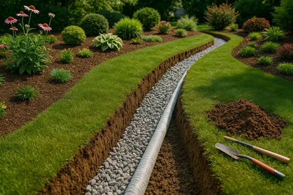 a pipe laid in a recent dug ditch from EZ French Drain Installation in Fort Worth, TX - Residential French Drain