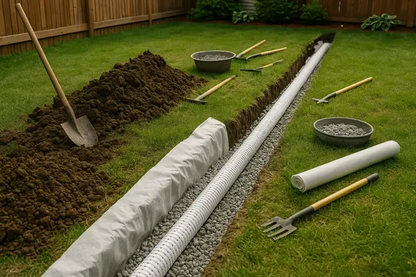 a pipe in a french drain ditch with some tools laying arround from EZ French Drain Installation in Fort Worth, TX - Residential French Drain