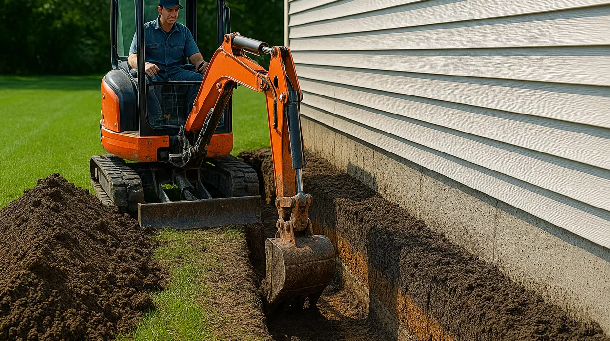 a worker with an excavator digging a ditch from EZ French Drain Installation in Fort Worth, TX - Retaining Wall Installation