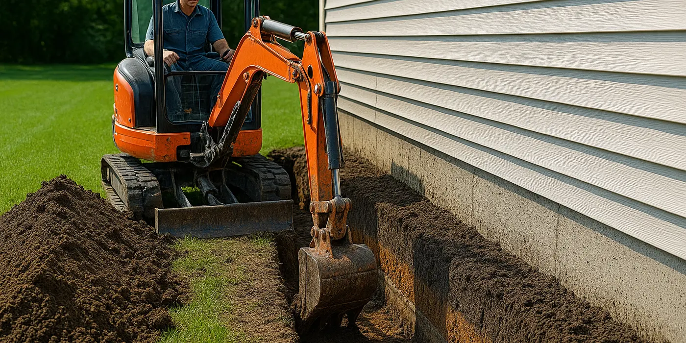 a worker with an excavator digging a ditch from EZ French Drain Installation in Fort Worth, TX - Retaining Wall Installation a worker with an excavator digging a ditch from EZ French Drain Installation in Fort Worth, TX - Retaining Wall Installation