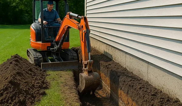 a worker with an excavator digging a ditch from EZ French Drain Installation in Fort Worth, TX - Retaining Wall Installation