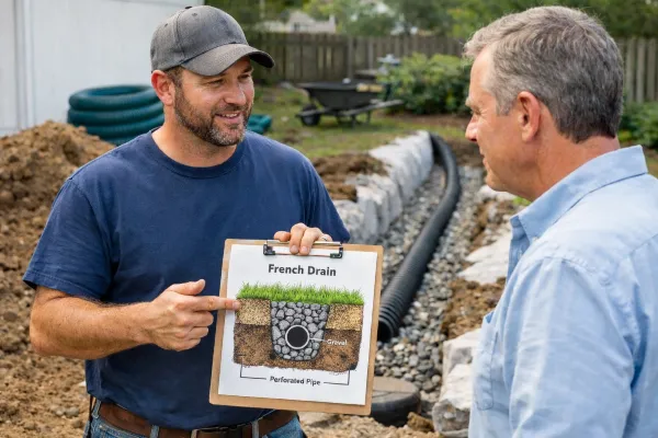 a french drain contractor talking to a customer from EZ French Drain Installation in Fort Worth, TX - Retaining Wall Installation a french drain contractor talking to a customer from EZ French Drain Installation in Fort Worth, TX - Retaining Wall Installation