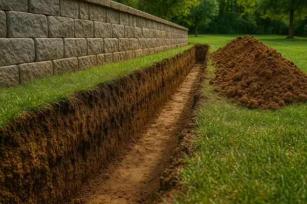 a ditch next to a retaining wall from EZ French Drain Installation in Fort Worth, TX - Retaining Wall Installation a ditch next to a retaining wall from EZ French Drain Installation in Fort Worth, TX - Retaining Wall Installation