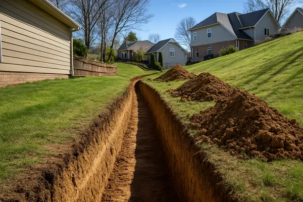 a large ditch ready for a french drain project from EZ French Drain Installation in Fort Worth, TX - Retaining Wall Installation a large ditch ready for a french drain project from EZ French Drain Installation in Fort Worth, TX - Retaining Wall Installation